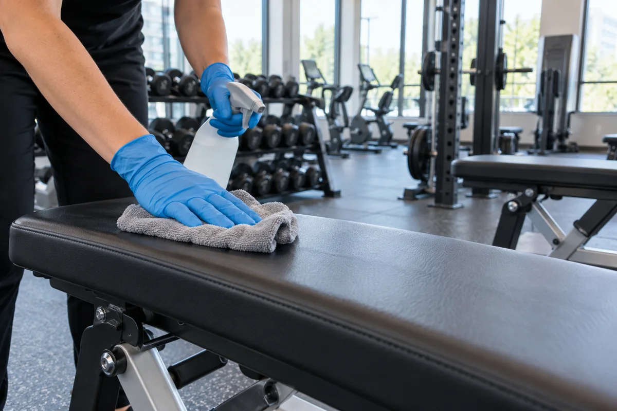Wiping a bench in a fitness centre
