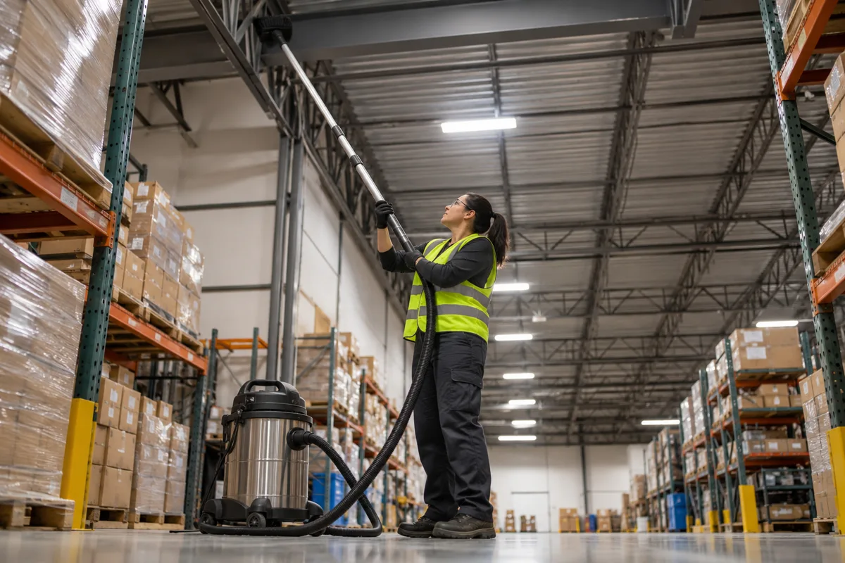 Removing overhead warehouse dust with an extension pole