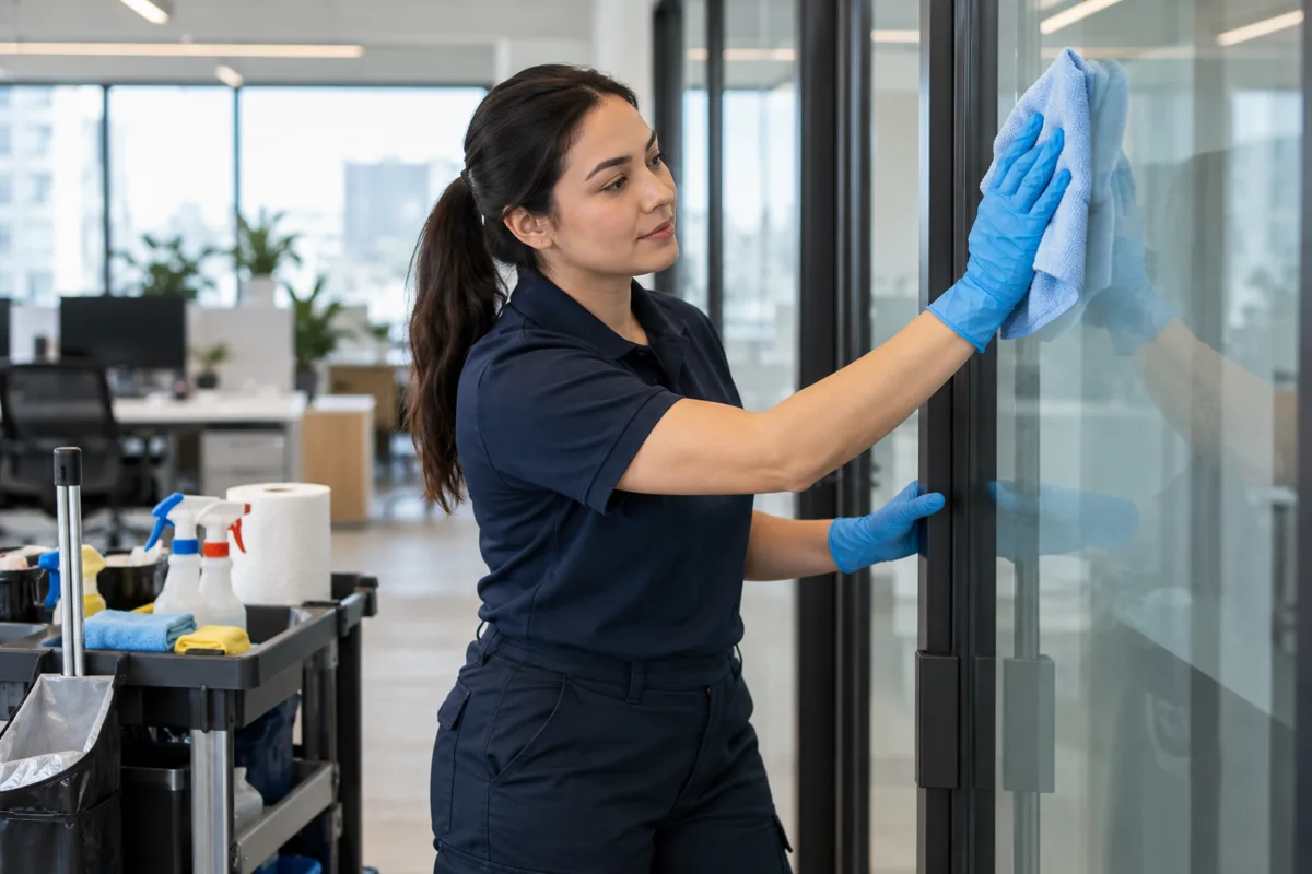 Cleaning a glass partition in a commercial office