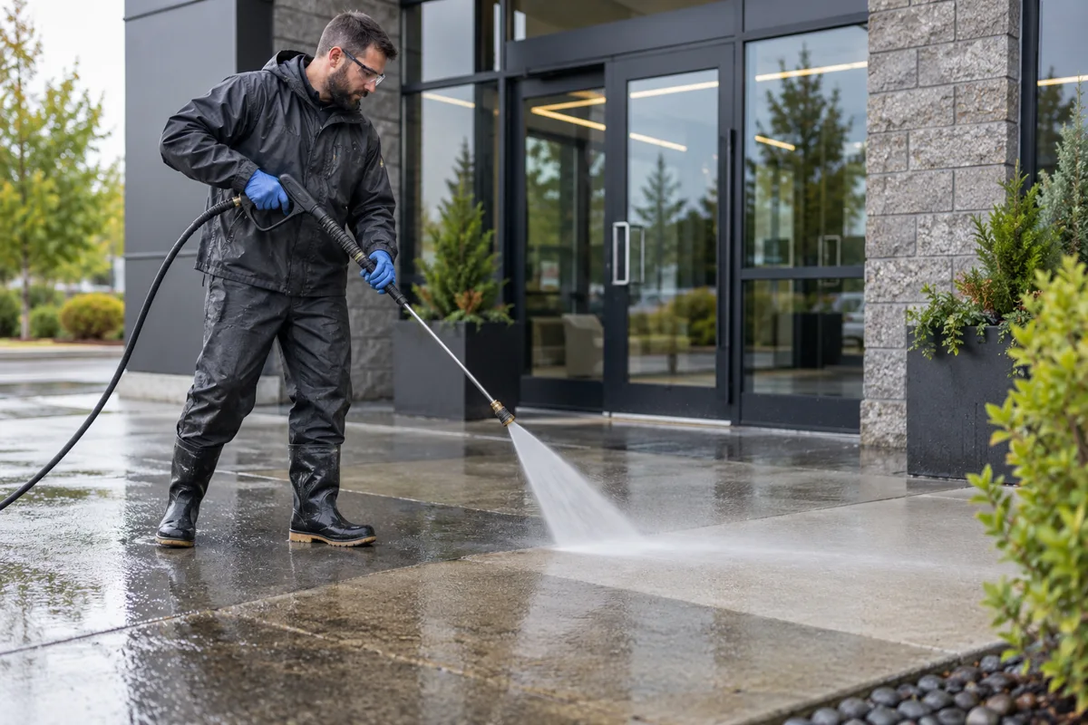 Pressure washing a commercial entrance